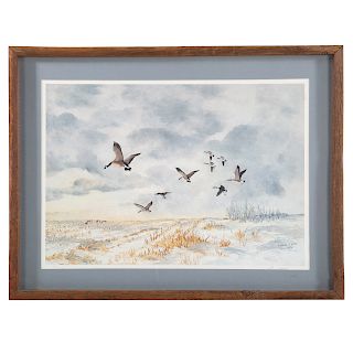 Lemuel T. Ward. Geese Flying Over Marsh