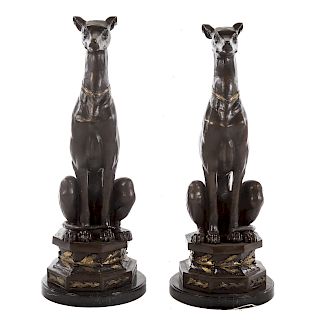 Pair Of Patinated Bronze Seated Whippets