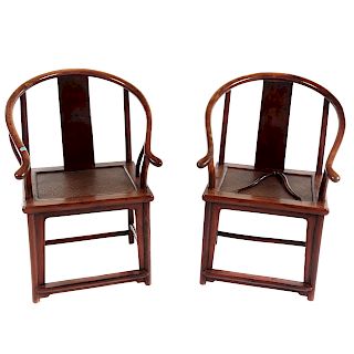 Pair Of Chinese Yew Wood Yoke Back Arm Chairs