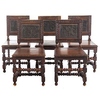 Set Of Five German Carved Oak Chairs