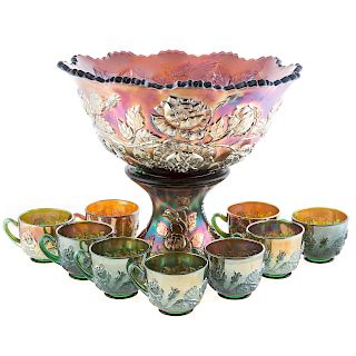 American Amethyst Carnival Glass Punch Bowl Set