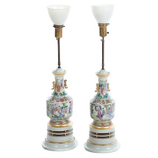 Pair of Chinese Export Rose Mandarin Vase Lamps