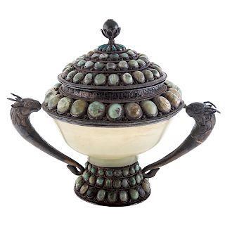 Oriental Silver & Jade Covered Cup