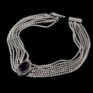 Amethyst Diamond Pearl and Platinum Necklace