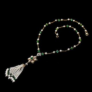 Diamond, Emerald, Pearl and 18K Tassel Necklace