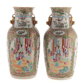 Pair Chinese Export Rose Medallion Ribbed Vases