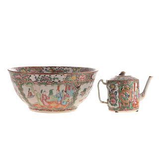 Chinese Export Rose Medallion Bowl & Teapot