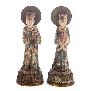 Pair Of Chinese Carved & Polychrome Wood Figures