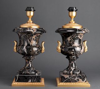 Louis XVI Manner Gilt Metal and Marble Lamps, Pair