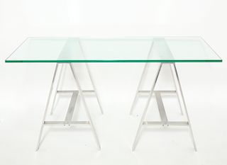 Albrizzi Mid-Century Glass Top Trestle Table