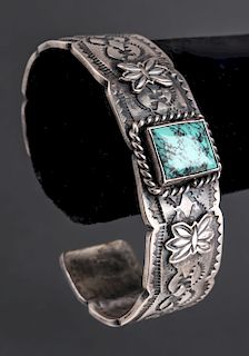 Navajo Indian Silver & Turquoise Cuff Bracelet