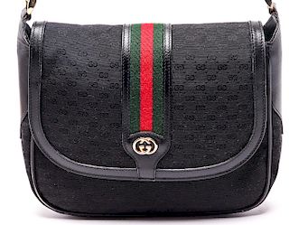 Gucci Black Monogram Canvas & Leather Handbag