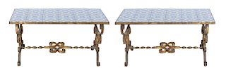 Tile Top & Wrought Iron Low Tables, Pr