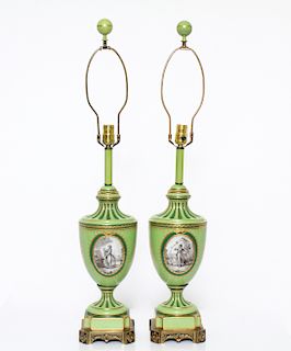 Neoclassical Manner Porcelain & Bronze Lamps, Pr
