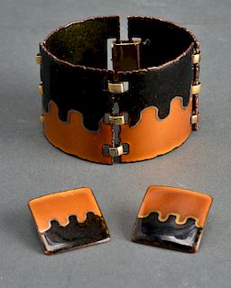 Modern Enamel on Copper Bracelet & Earrings