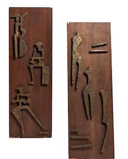 Abstract Figural Brass And Oak Panels, Pair