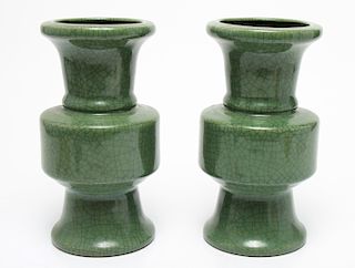 Chinese Crackle Glaze Greenware Vases, Pair