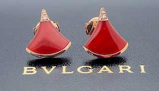 BVLGARI 18K ROSE GOLD CARNELIAN DIAMOND EARRINGS