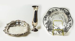 Silver Overlay Bowl, Silverplate Shallow Bowl and Vase
