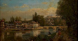 Continental School Painting of a River Town Oil on Canvas on Board