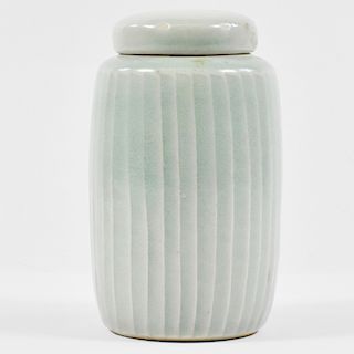 David Leach Celadon Ribbed Lidded Vase