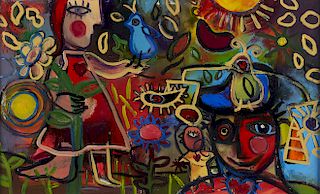 Kelly Sutherland Abstract Figures and Birds Acrylic on Paper