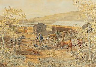 Barbara East "The Mergleman Cow Camp" Watercolor on Paper