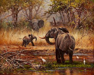 Eric Forlee African Elephants Painting Oil on Canvas