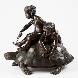 After Moreau Bronze Sculpture Two Boys on a Turtle Tortoise