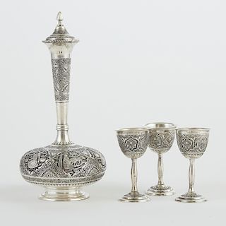 Persian Silver Decanter and Cups