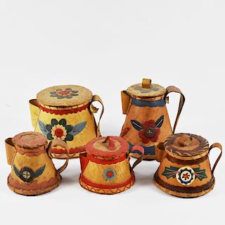 5 Birch Bark Teapots with Applied Decoration