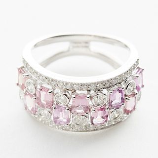 Pink Sapphire and Diamond Ring w/ 18K White Gold Band