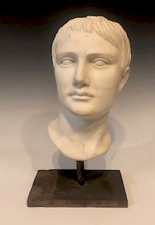  Italian Carved Marble Bust of a Roman on Iron Base, Circa 1900