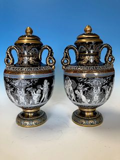 Pair of Mintons Pate-Sur-Pate Style Lidded Vases