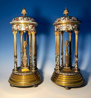 Pair of French Gilt Bronze & Champleve Enamel Architectural Vases, Circa 1900