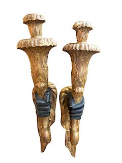 French 19th Century Carved Book Moor Hand Sconces