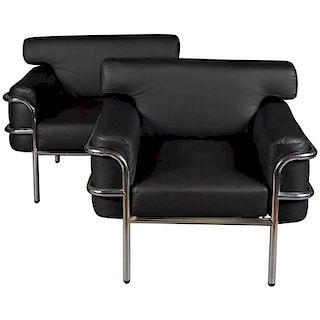 Italian LeCorbusier Style Chrome & Leather Club Chairs