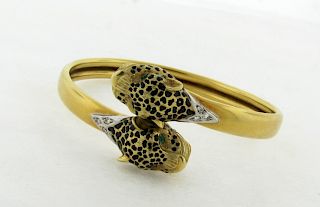 Vintage Double Leopard 14k Yellow Gold Diamond Enamel Bangle 