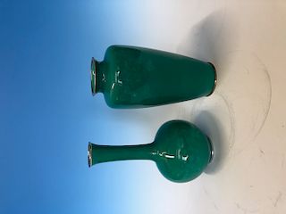 Vintage Signed Ando Group Of Two Wireless Cloisonne Japanese Green Apple Vases
