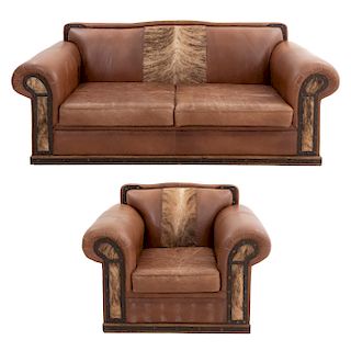 Sillón y sofá de 3 plazas. SXX. En talla de madera. Con respaldos cerrados y asientos con cojines en tapicería de piel color marrón.