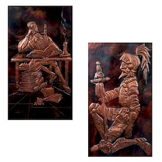Serrano. México, D.F., siglo XX. Don Quijote con armadura y en escritorio. Firmados. Repujados en lámina de cobre. Enmarca...