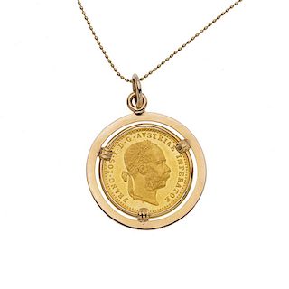 Collar y pendiente con moneda en oro amarillo de 21.6k y 14k. Moneda de Imperator Avstriae. Peso: 8.0 g.