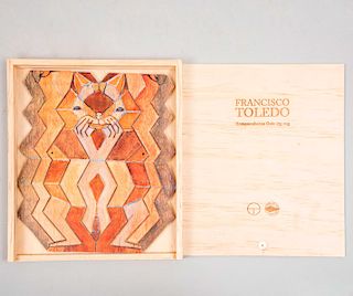 Diseño de Francisco Toledo, "Rompecabezas Gato Zig Zag". Técnica mixta sobre madera. En estuche.