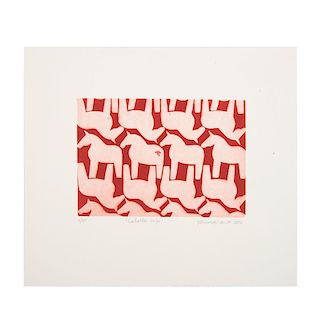 EUGENIA MARCOS, Caballos rojos. Firmado y fechado 2014. Grabado, 6/85. Con marca de agua Xigüil. Sin enmarcar. 13.5 x 19.5 cm