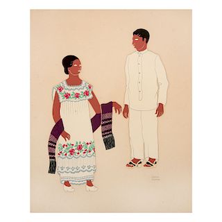 CARLOS MÉRIDA. Mestizos-Estado de Yucatán. De la carpeta Trajes regionales mexicanos, 1945, Firmada en plancha. Serigrafía.