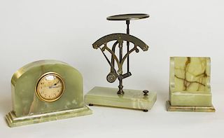 3 Piece Onyx Art Deco Desk Clock, Scale and Card Holder