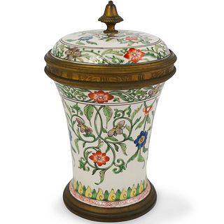 French Porcelain and Brass Covered Jar