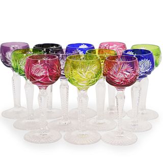 (12 Pc) Bohemian Colored Cut to Clear Liquor Glasses