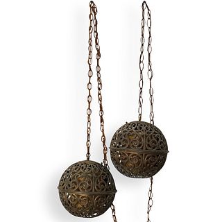 Pair of Oriental Bronze Hanging Lanterns