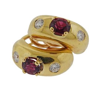 14K Gold Diamond Red Stone Earrings 